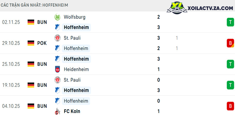 Phong độ của Hoffenheim Phong độ của Hoffenheim