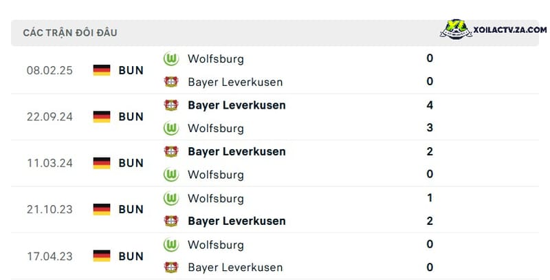 Thành tích đối đầu giữa Wolfsburg vs Bayer Leverkusen Thành tích đối đầu giữa Wolfsburg vs Bayer Leverkusen