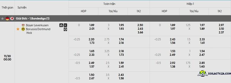 Tỷ lệ kèo trận đấu Leverkusen vs Dortmund Tỷ lệ kèo trận đấu Leverkusen vs Dortmund