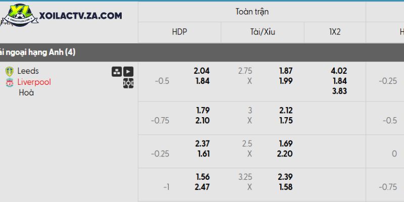 Tỷ lệ kèo Leeds United vs Liverpool Tỷ lệ kèo Leeds United vs Liverpool