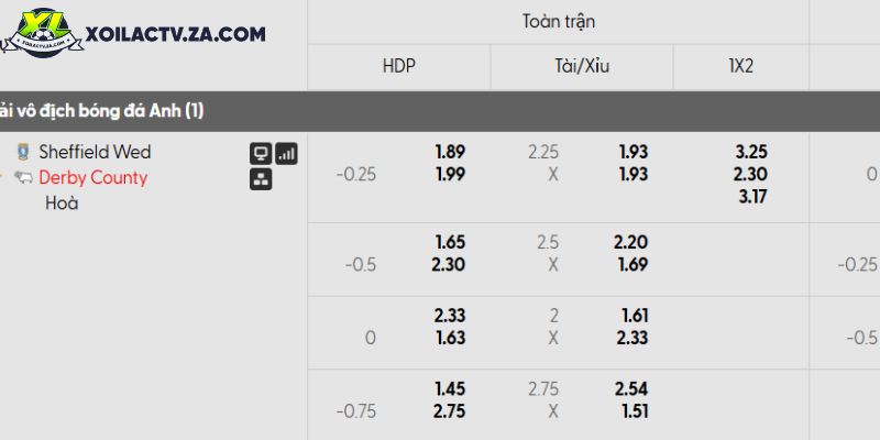 Tỷ lệ kèo Sheffield Wednesday vs Derby County Tỷ lệ kèo Sheffield Wednesday vs Derby County